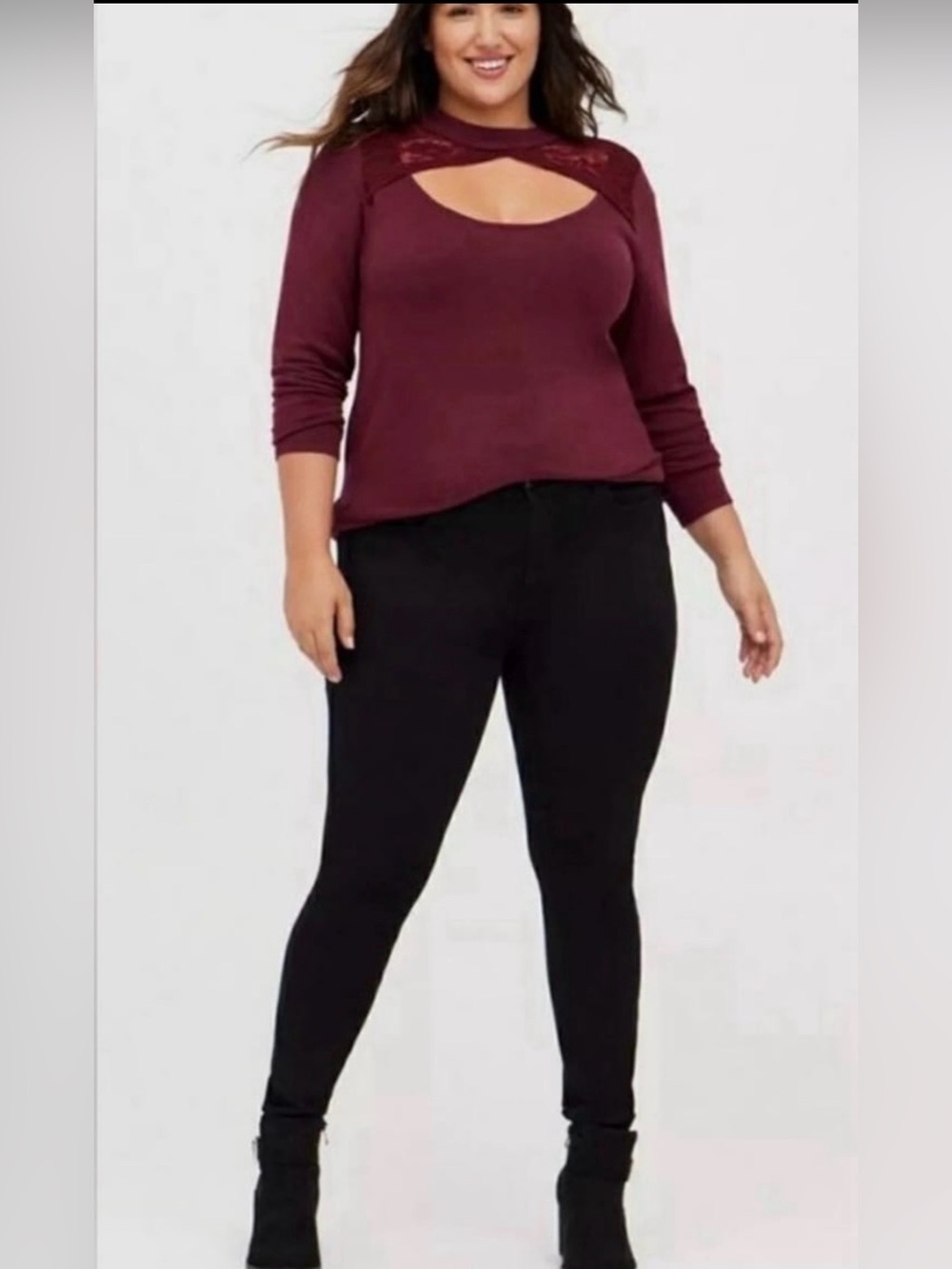 Torrid Long Sleeves Lace Keyhole Mock Neck Pullover Sweater Size 1X Burgundy New